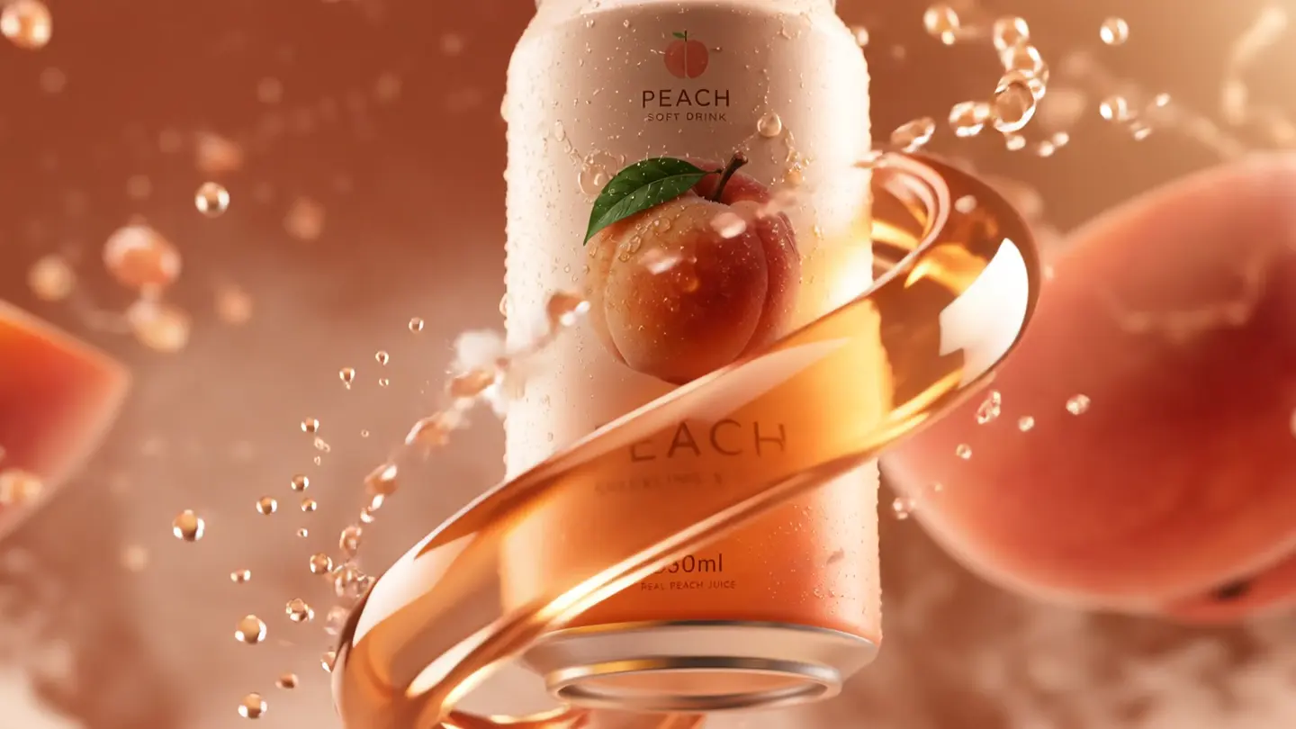 PEACH Dose mit Pfirsichen, Wassertropfen und einem goldenen Energiering