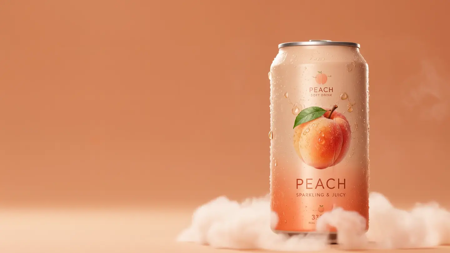Eine gekühlte Dose PEACH Sparkling & Juicy im Pfirsichnebel